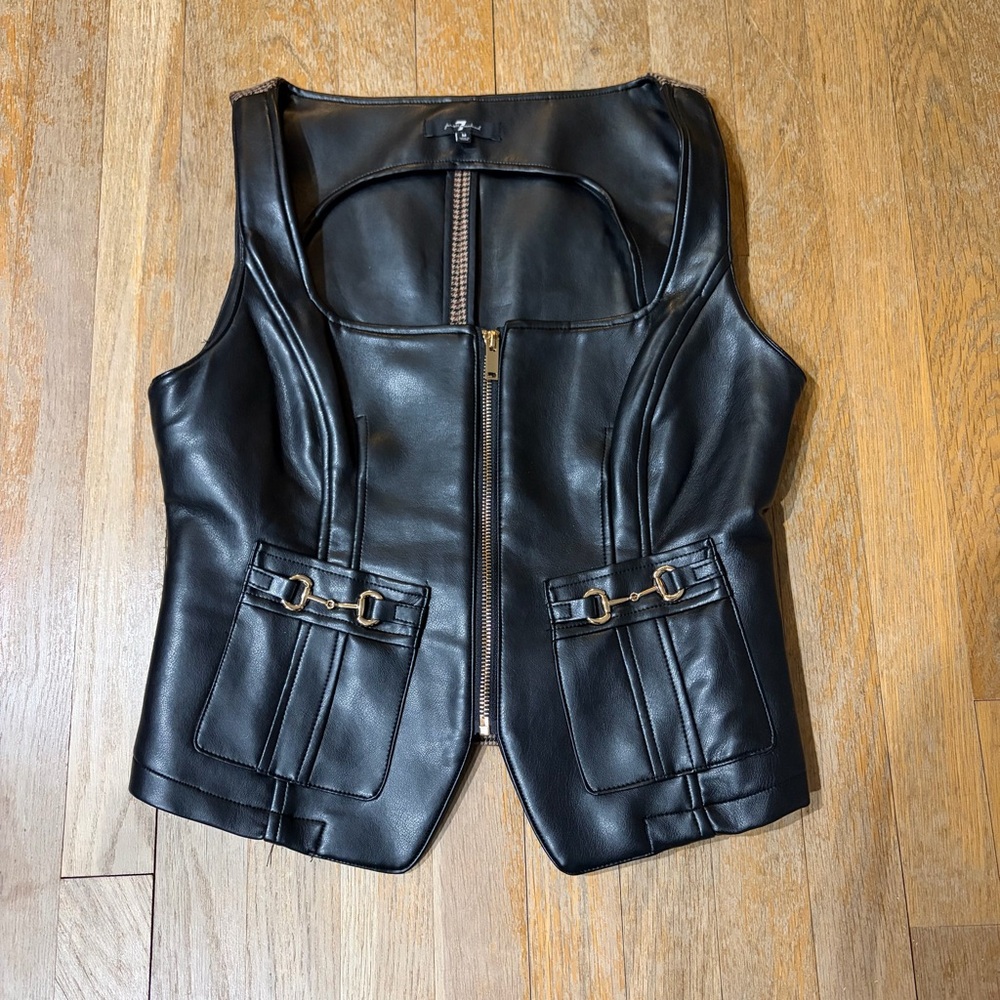 7 For All Mankind Faux Leather Zip Vest | Houndstooth Back | Sz M